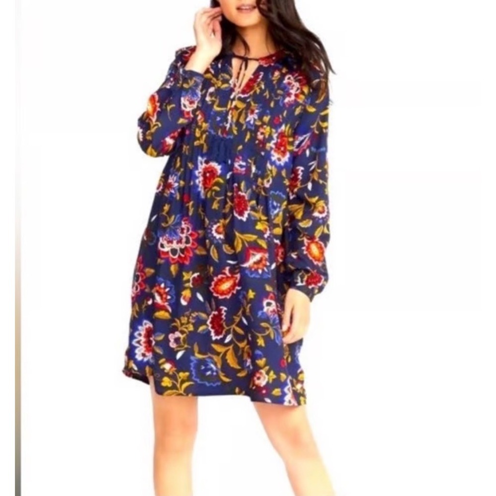 Old Navy Women Navy Blue Dark Floral Pintuck Tassel Swing Dress Medium Boho Fall